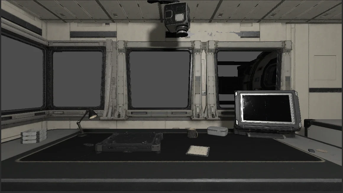 Current in-engine DECK 97 view of the station interior and inspection workspace.