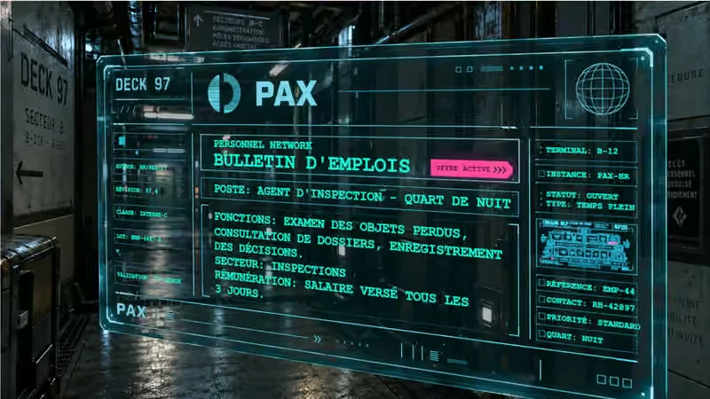 PAX holographic notice in a Deck 97 industrial corridor: a night-shift inspection agent job bulletin.