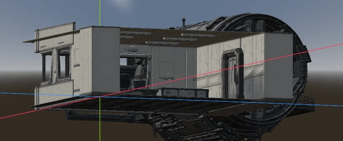 DECK 97 station-module visual-development cutaway showing the office inside the orbital structure.